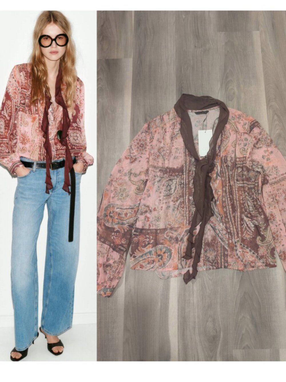 Zara | Printed Tie Neck Chiffon Blouse In Pink & Brown Paisley